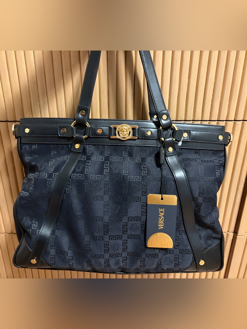 Versace Black Duffel Bag with Gold Hardware